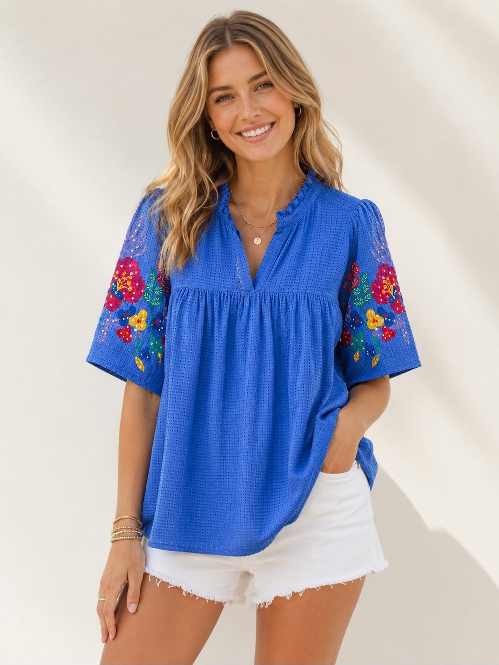 Umgee Periwinkle Floral Embroidered Boho Puff Sleeve V-Neck Flowy Peasant Top - Picture 1 of 7